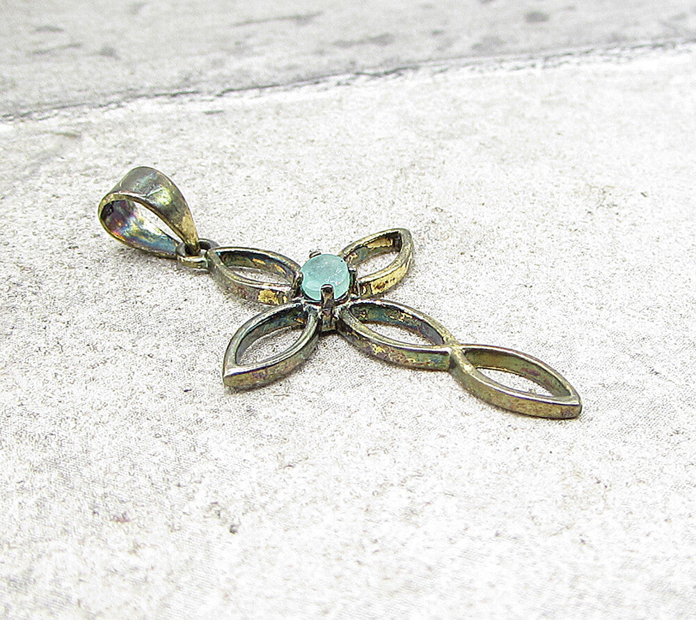 Gold Over 925 Sterling Silver Emerald Religious Cross Drop Pendant PT1156