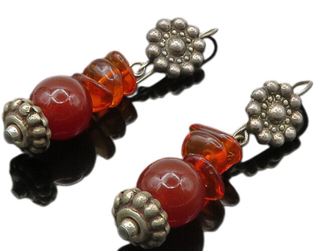 925 Sterling Silver  Vintage Amber Dark Tone Floral Dangle Earrings  EG10843
