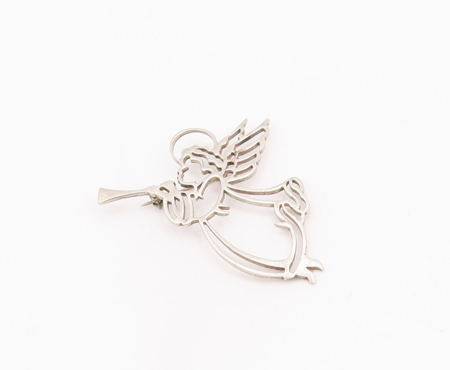 925 Sterling Silver Vintage Brooch Pin Angel Playing Music Stencil  BP10895