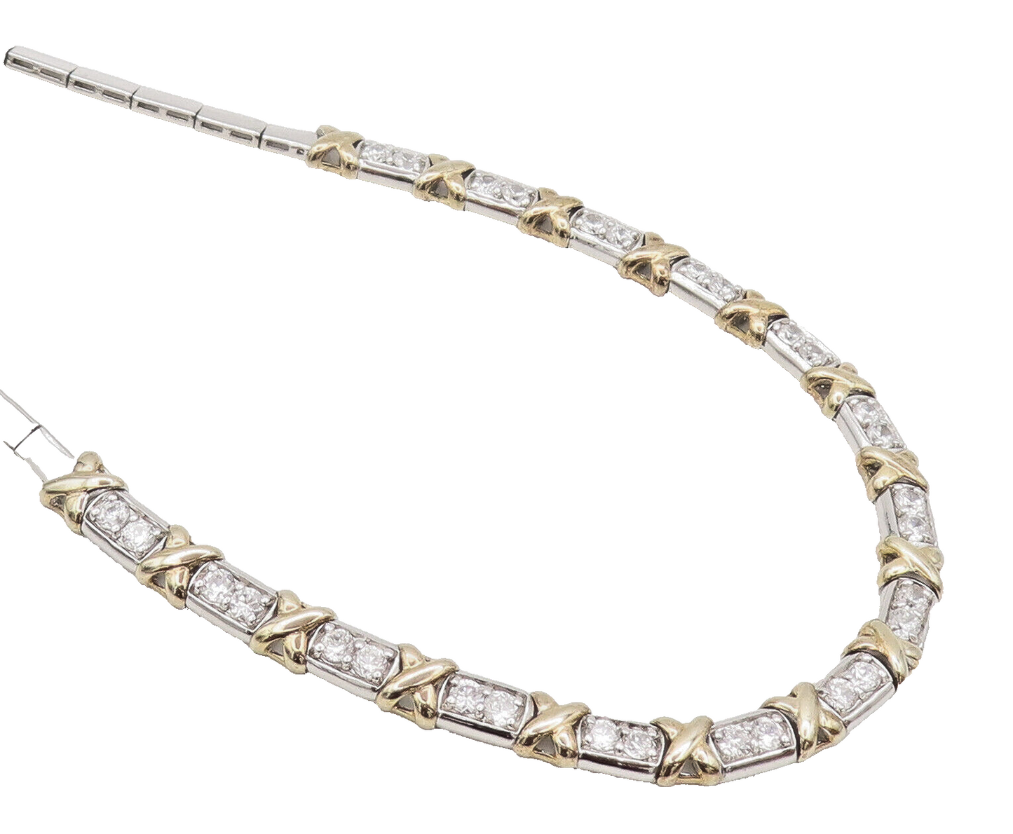 925 Sterling Silver  Vintage Gold Plated X Link Inlay CZ Necklace  NE4170