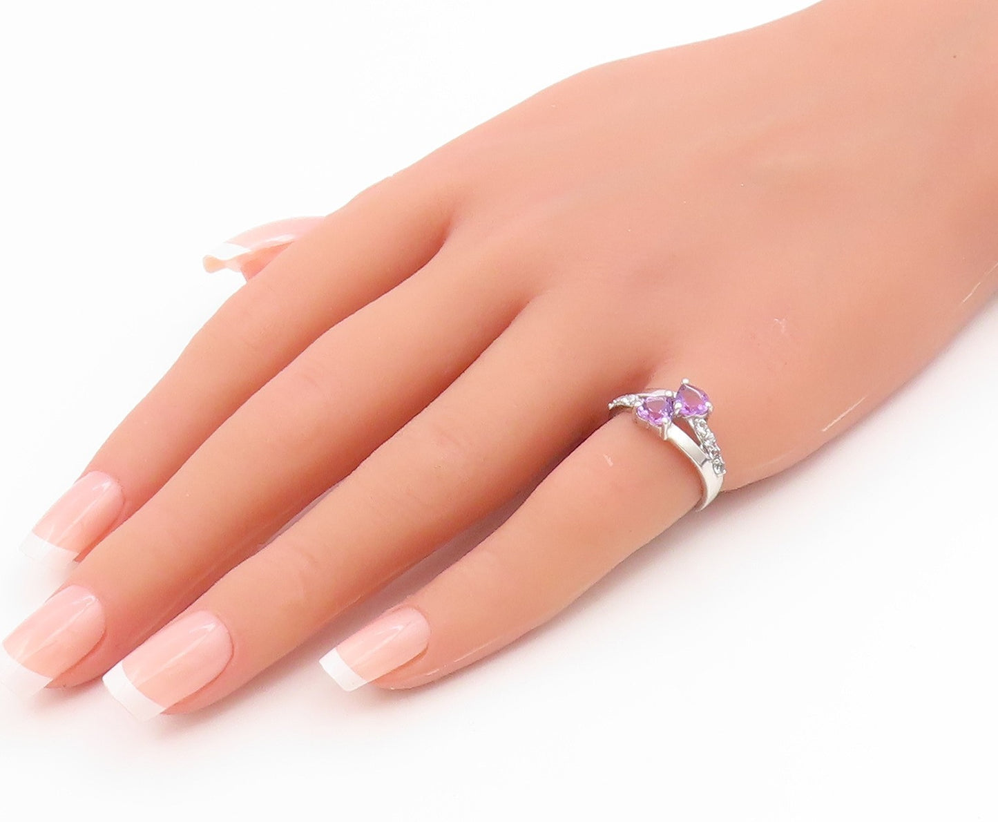 925 Sterling Silver Vintage Ring Amethyst & CZ Double Love Heart  Sz 6  RG36131