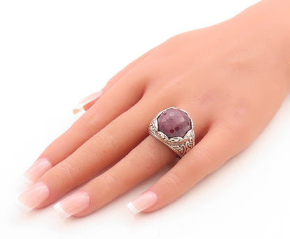 925 Sterling Silver Vintage Ring Large Floral Carved Gemstone  Sz 10.5  RG31483