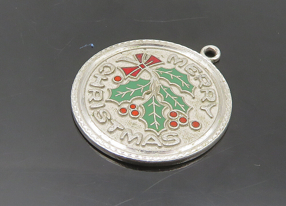 925 Sterling Silver  Vintage Enamel Merry Christmas Mistletoe Pendant  PT15670