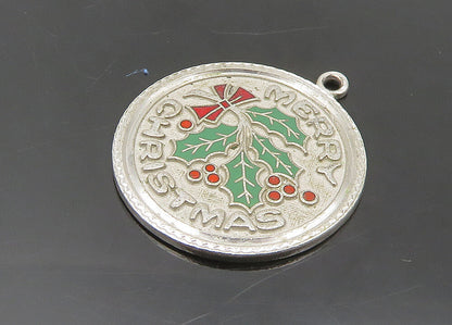 925 Sterling Silver  Vintage Enamel Merry Christmas Mistletoe Pendant  PT15670