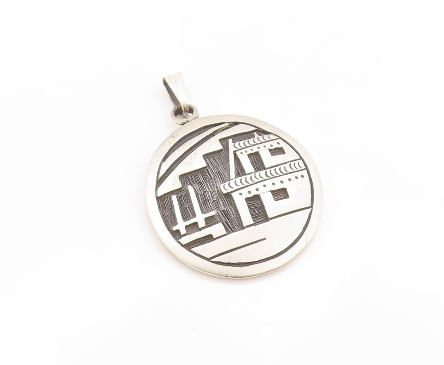 925 Sterling Silver Vintage Pendant Antique City Landscape Etched Coin  PT24229