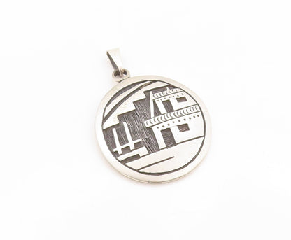 925 Sterling Silver Vintage Pendant Antique City Landscape Etched Coin  PT24229