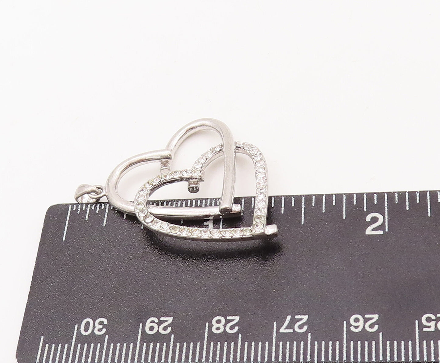 925 Sterling Silver Vintage Pendant CZ Beaded Double Heart Cutout   PT23148
