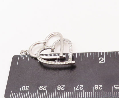925 Sterling Silver Vintage Pendant CZ Beaded Double Heart Cutout   PT23148