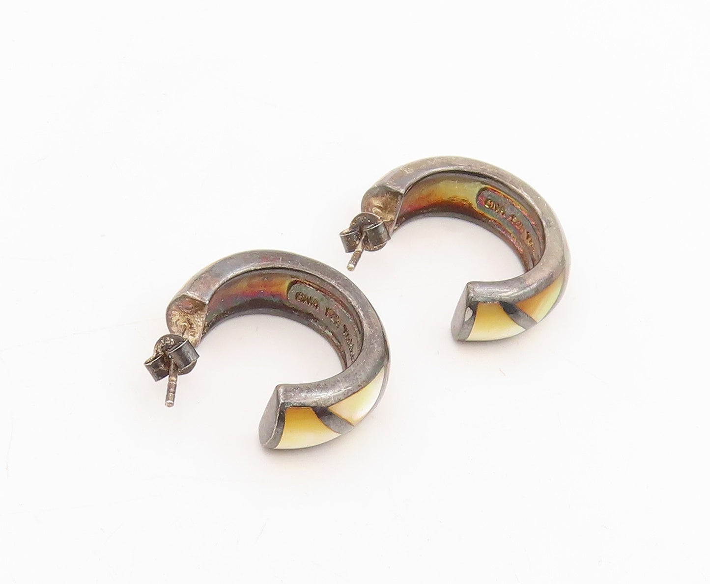 925 Sterling Silver Vintage Earrings Mother Of Pearl Geometric Inlay  EG13870