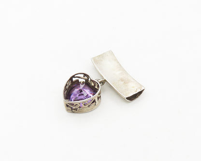 925 Sterling Silver  Vintage Amethyst Love Heart Shiny Slide Pendant  PT14538