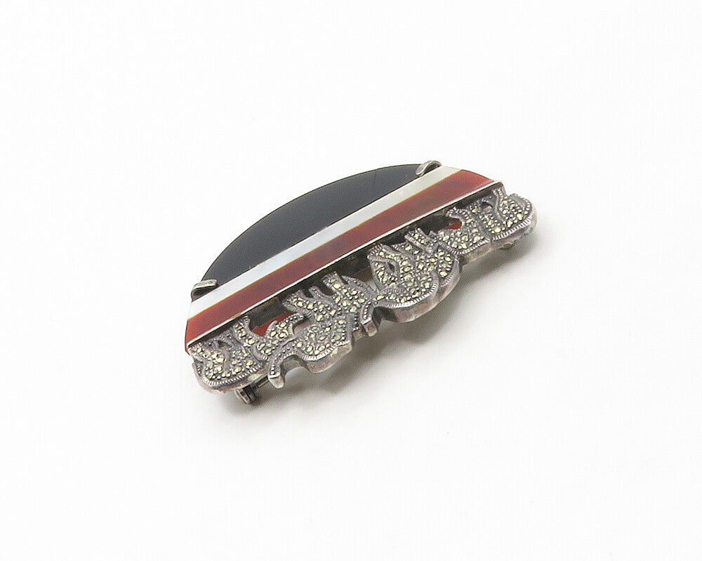 925 Silver  Vintage Black Onyx Mother Of Pearl & Carnelian Brooch Pin  BP6645