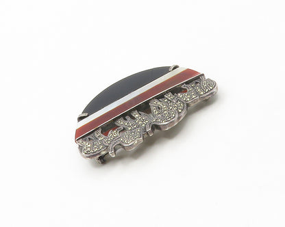 925 Silver  Vintage Black Onyx Mother Of Pearl & Carnelian Brooch Pin  BP6645