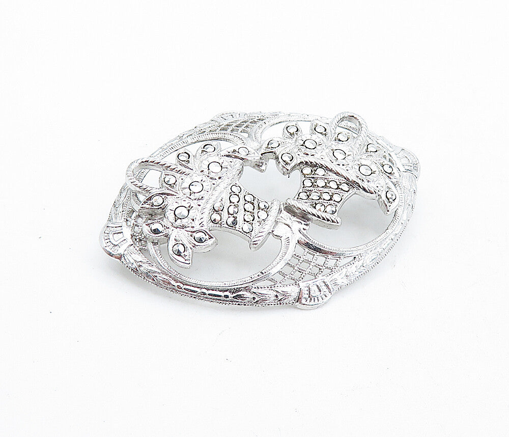925 Sterling Silver  Vintage Sparkling Double Flower Basket Brooch Pin  BP1752