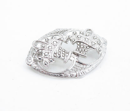 925 Sterling Silver  Vintage Sparkling Double Flower Basket Brooch Pin  BP1752
