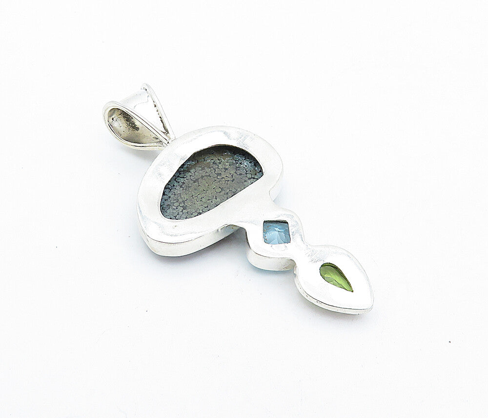 925 Sterling Silver  Vintage Jasper Topaz & Peridot Swirl Drop Pendant  PT3095