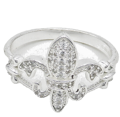 925 Sterling Silver  Shiny White Topaz Fleur De Lis Band Ring Sz 10  RG18657