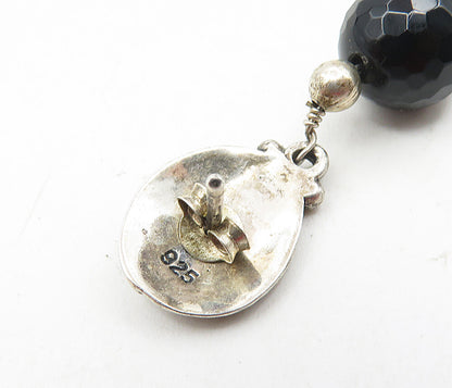 925 Sterling Silver  Vintage Black Onyx Bal Bead Floral Drop Earrings  EG4749