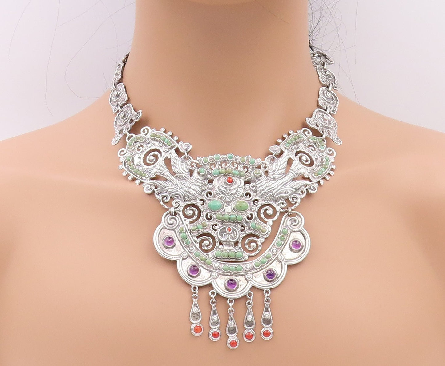 925 Sterling Silver Vintage Necklace MEXICO Real Multi Gemstones Royal  NE4487