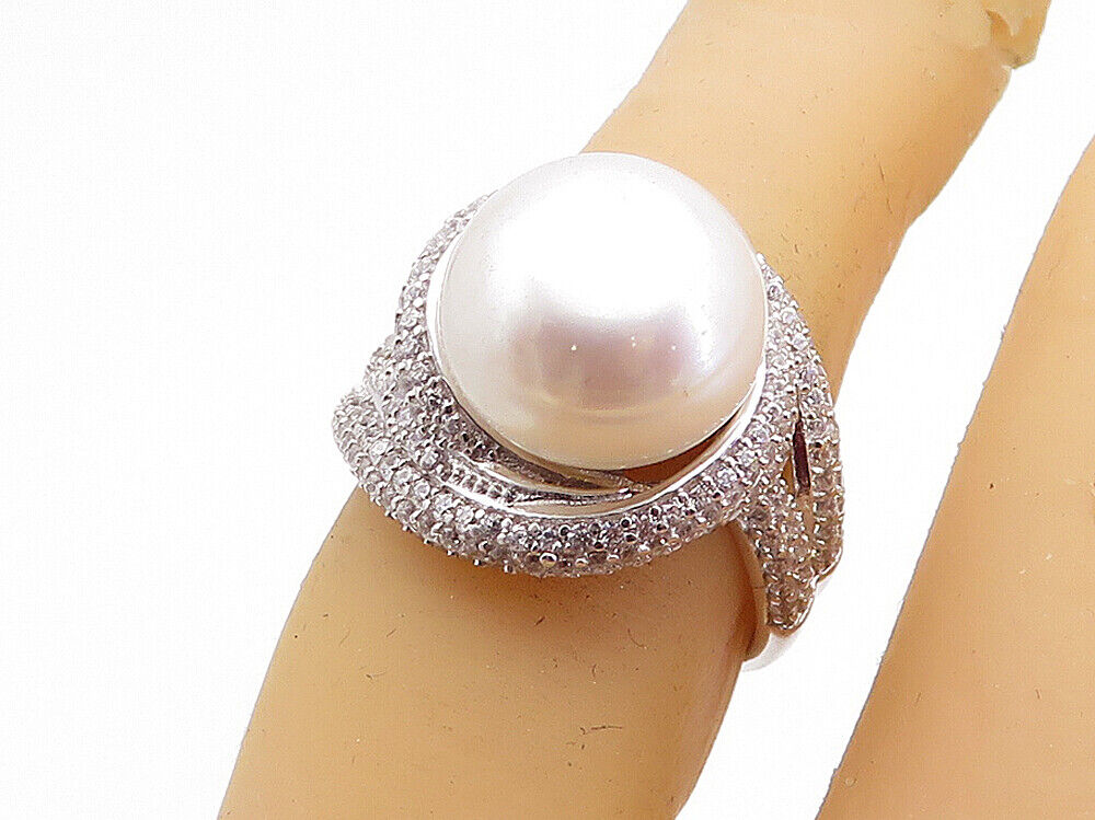 925 Sterling Silver  Pearl & Cubic Zirconia Swirl Cocktail Ring Sz 6  RG3795