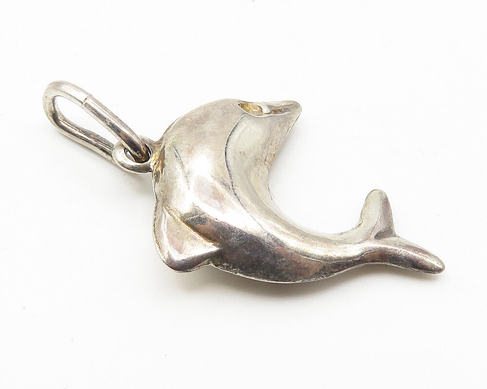 925 Sterling Silver  Vintage Shiny Dark Tone Leaping Dolphin Pendant  PT8457