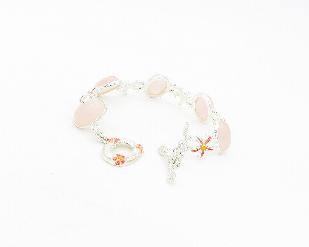 DAVID SIGAL 925 Silver  Cabochon Cut Rose Quartz Floral Chain Bracelet  BT7617