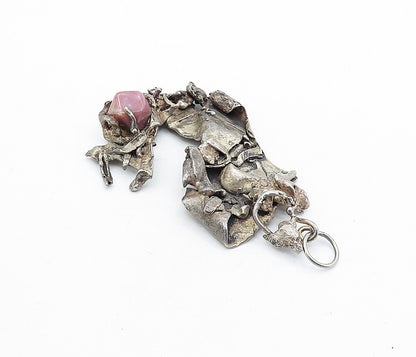 925 Sterling Silver Vintage Rhodochrosite Modernist Sculpted Pendant PT3663