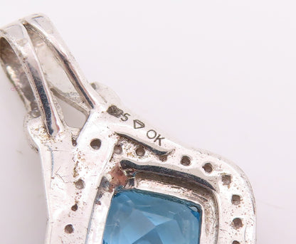 925 Sterling Silver Vintage Pendant Square Cut Blue Halo White Topaz   PT24265