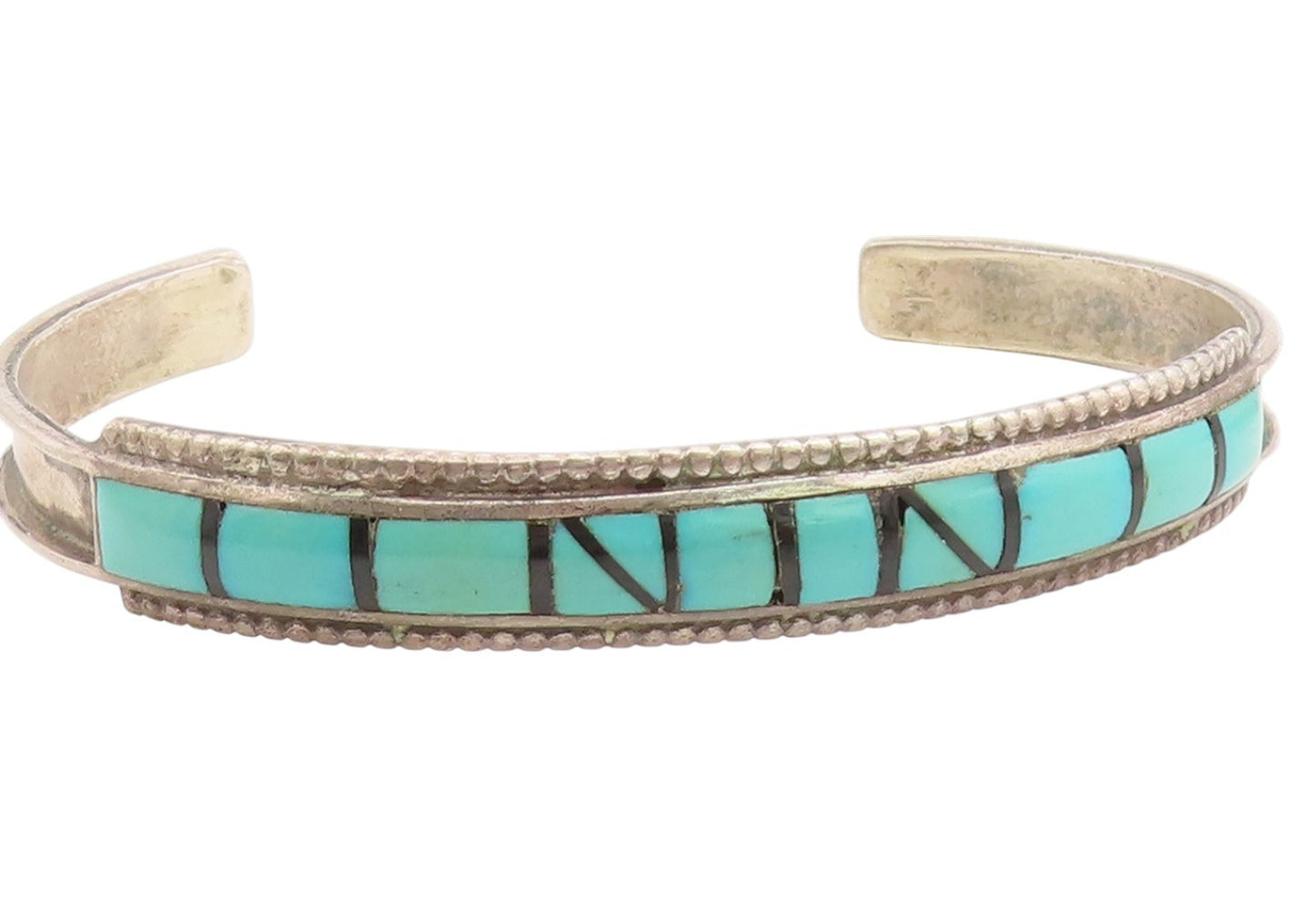 925 Sterling Silver Vintage Bracelet NAVAJO ZUNI Turquoise Inlay Cuff  BT11970