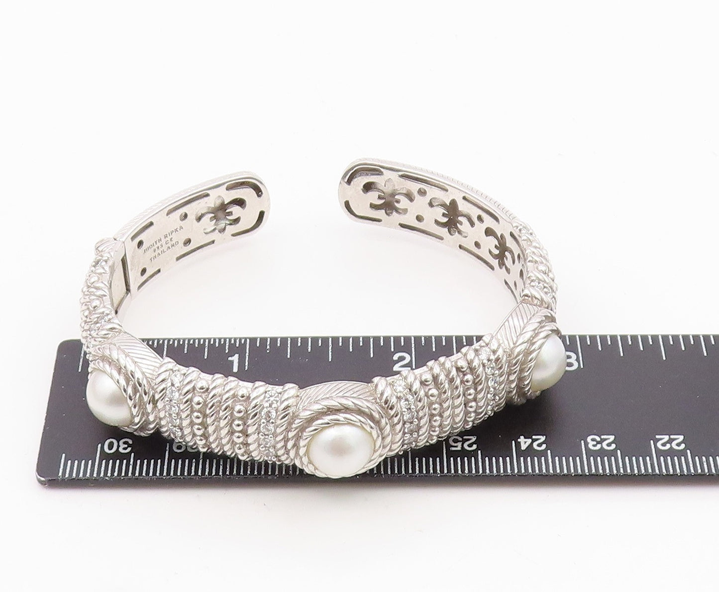 925 Sterling Silver Vintage Bracelet JUDITH RIPKA Round Pearl & CZ Cuff  BT11996