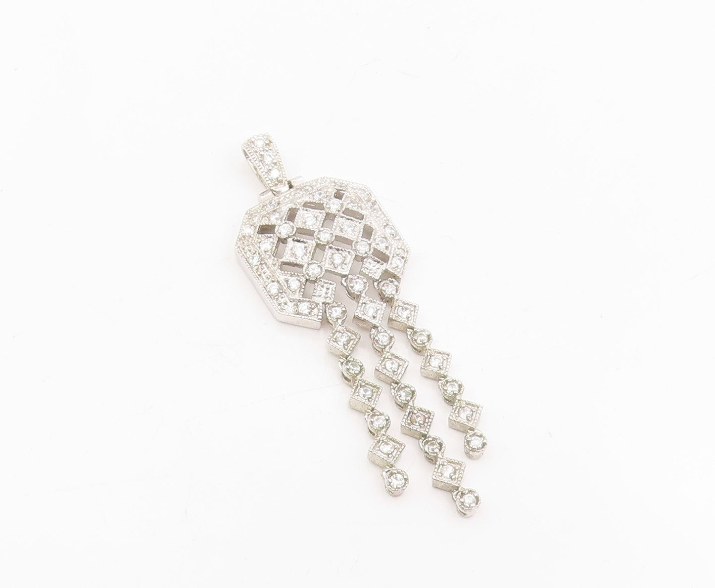 925 Sterling Silver Vintage Pendant Sparkling CZ Geometric Tassel Drop  PT25745
