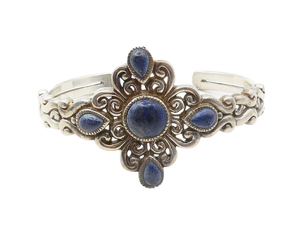 NK 925 Sterling Silver  Vintage Sodalite Floral Swirl Cuff Bracelet  BT4497