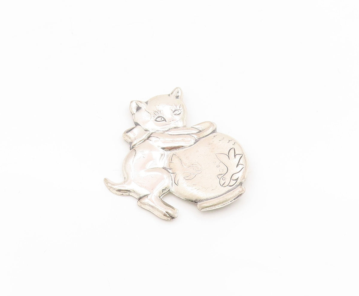 925 Sterling Silver Vintage Brooch Etched Kitten Hugging Fishbowl Pin  BP12111