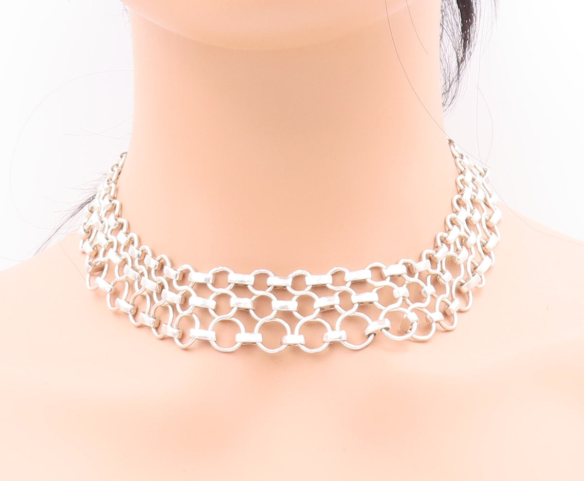 925 Sterling Silver Vintage Necklace Cutout Triple Ring Linked Chains  NE4290