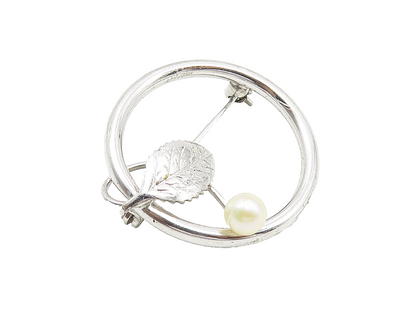 DCE 925 Sterling Silver  Vintage Petite Pearl Floral Leaf Brooch Pin  BP4292