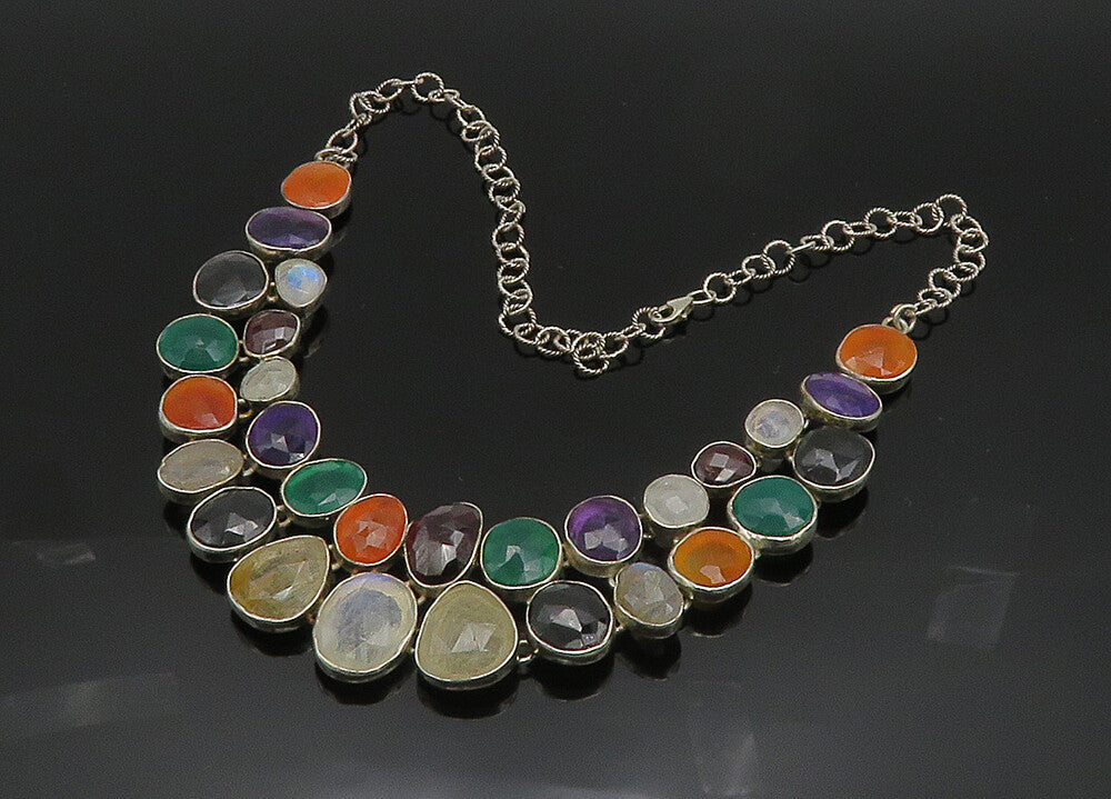 925 Sterling Silver Vintage Moonstone & Multi Stone Chain Necklace NE3331