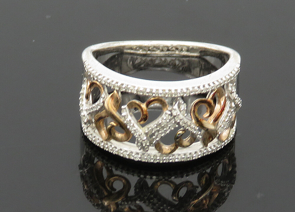 925 Silver  Vintage Shiny Genuine Diamonds Love Hearts Band Ring Sz 7  RG20863