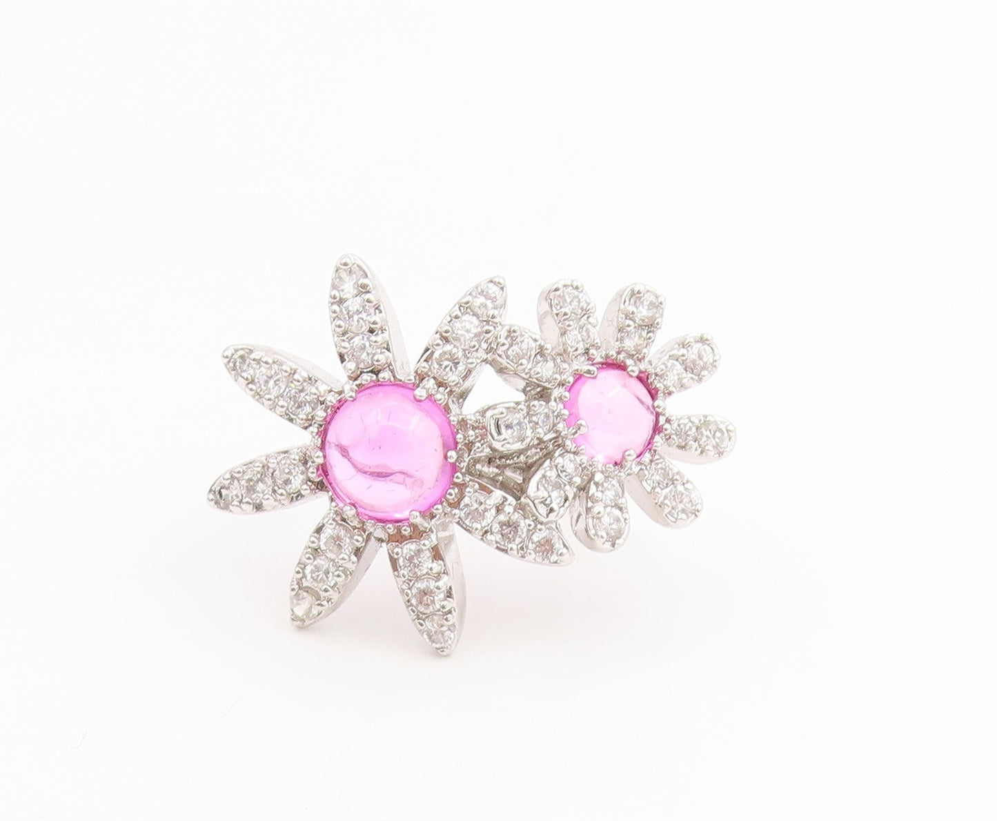925 Sterling Silver Vintage Ring Pink Gemstone & CZ Floral Petals  Sz 7  RG33924