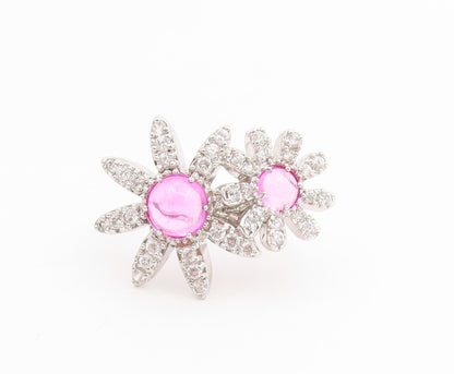 925 Sterling Silver Vintage Ring Pink Gemstone & CZ Floral Petals  Sz 7  RG33924