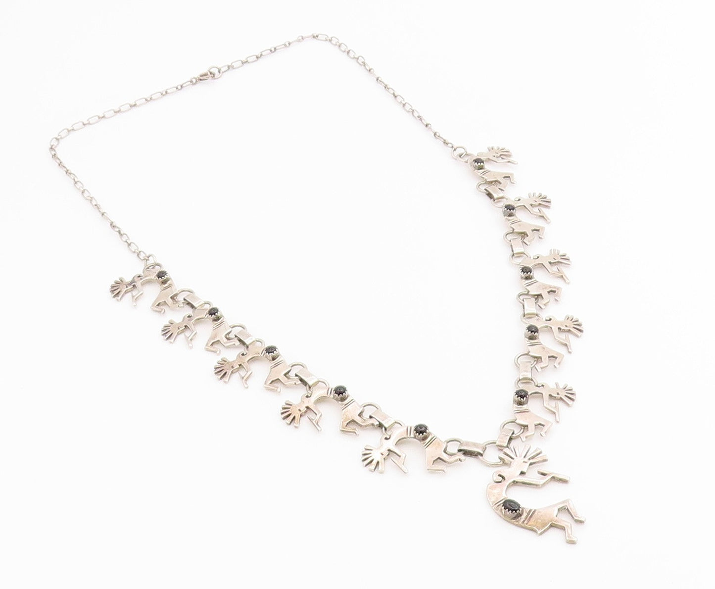 925 Sterling Silver Vintage Necklace SOUTHWESTERN Onyx Flute Player Link  NE4913