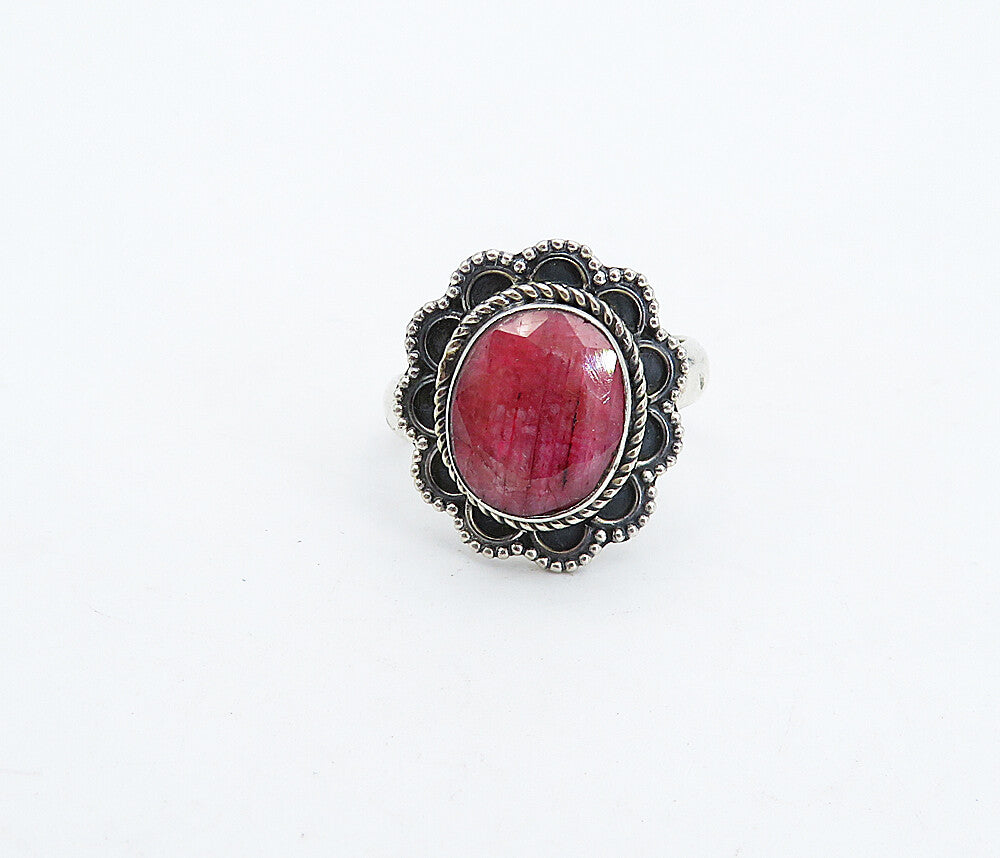 925 Sterling Silver  Vintage Ruby Floral Border Cocktail Ring Sz 7.5  RG4504