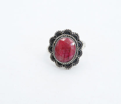 925 Sterling Silver  Vintage Ruby Floral Border Cocktail Ring Sz 7.5  RG4504