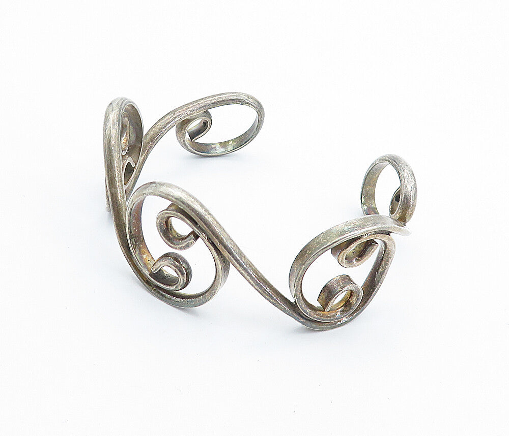 MEXICO 925 Silver  Vintage Dark Tone Baroque Swirl Cuff Bracelet  BT2991