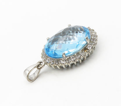 925 Sterling Silver  Faceted Blue & White Topaz Shiny Oval Pendant  PT13131