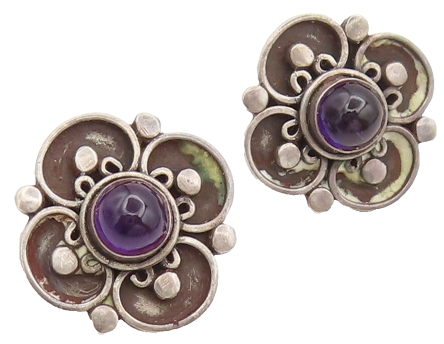 925 Silver  Vintage Cabochon Amethyst Halo Carved Flower Earrings  EG12577