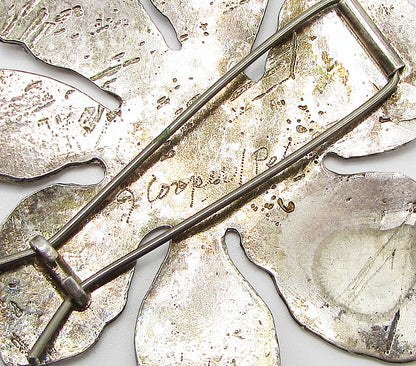 925 Sterling Silver  Vintage Hammered Carved Floral Clip  TR1017