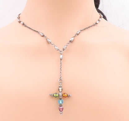 925 Sterling Silver Vintage Necklace Minimalist Religious Beaded Cross  NE4275