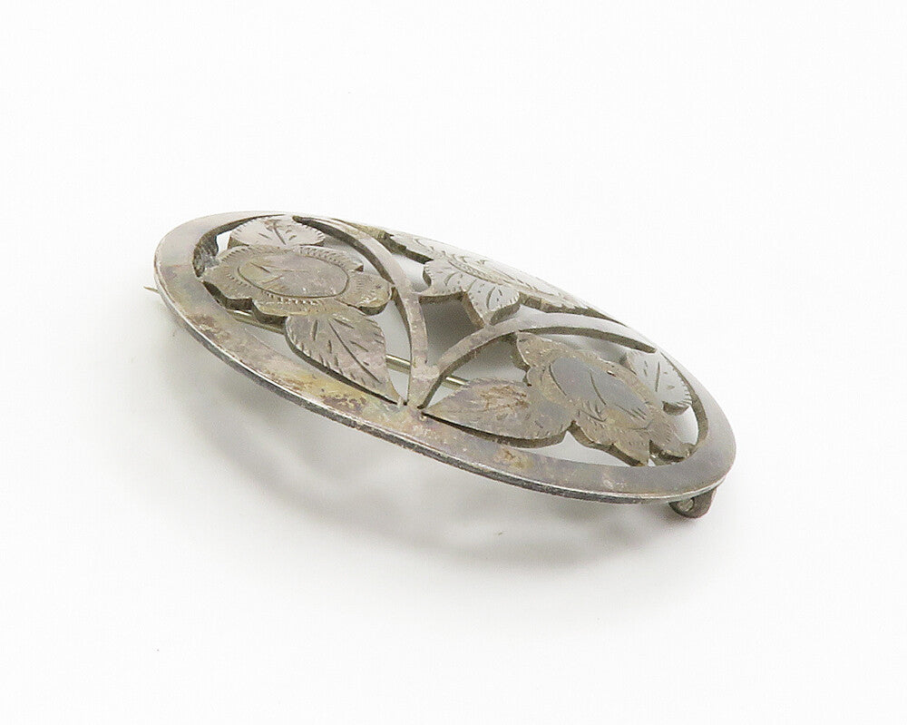 925 Sterling Silver  Vintage Handmade Floral Etched Detail Brooch Pin  BP5712