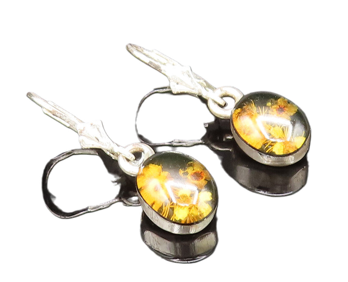 925 Sterling Silver  Vintage Fancy Floral Glass Art Dangle Earrings  EG12262
