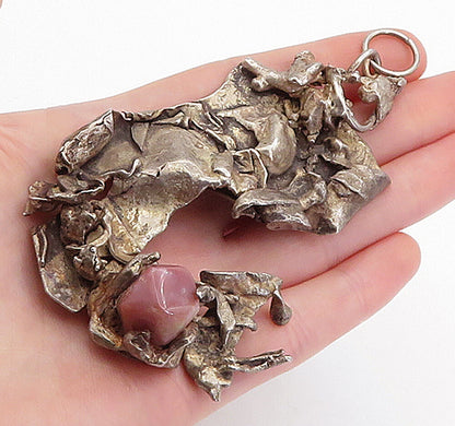 925 Sterling Silver Vintage Rhodochrosite Modernist Sculpted Pendant PT3663