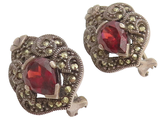 JUDITH JACK 925 Silver Vintage Swirly Carved Ruby & Marcasite Earrings EG12538